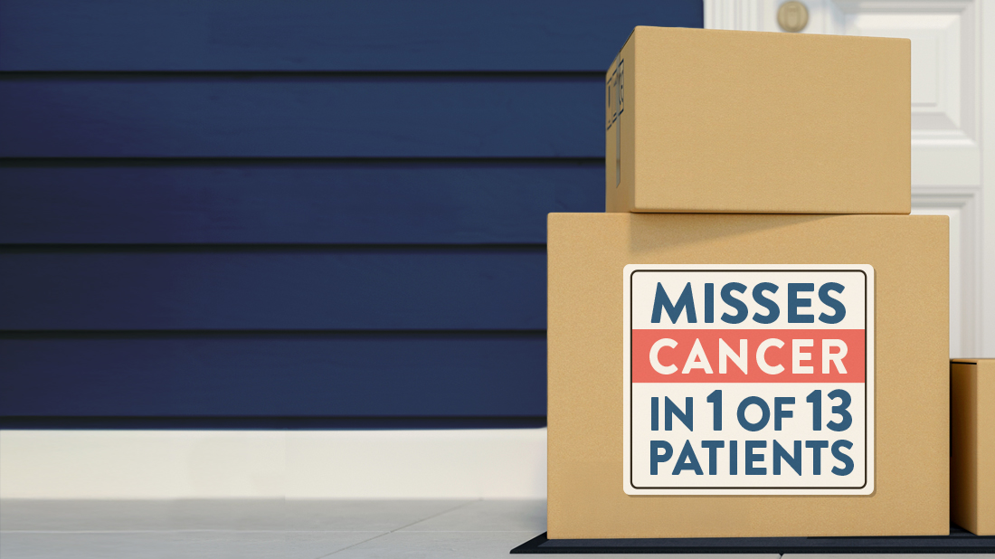 Image of boxes with the text "MISSES CANCER IN 1 OF 13 PATIENTS"